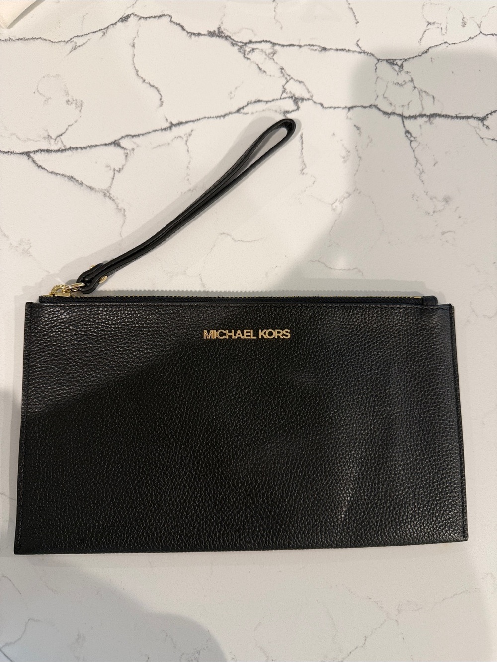 Michael Kors Black Pebbled Leather Wristlet Clutch with Gold Logo
